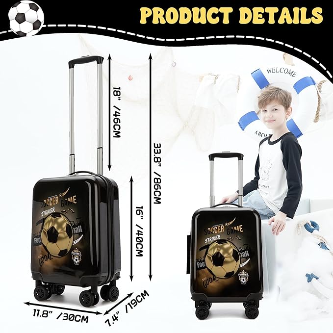 Kid's Football Luggage Set 5 Piece Suitcase Set 16" Hardside Luggage with Spinner Wheels Boys Carry on Toddler Travel Rolling Luggage Airline Approved