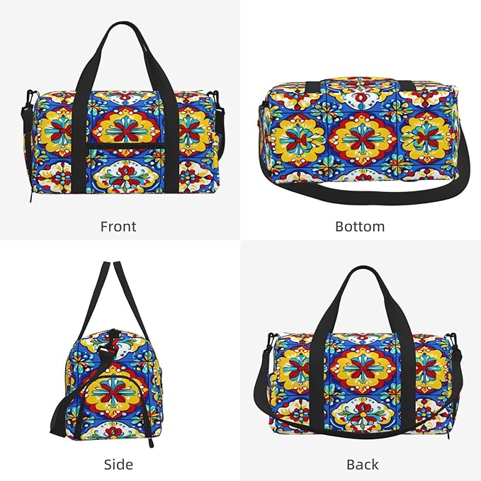 Sports Gym Bag Mexican Talavera Tiles Travel Duffel Bag With Shoe Compartment Shoulder Strap, Lightweight Water-Resistant Weekend Overnight Totes For Women Men