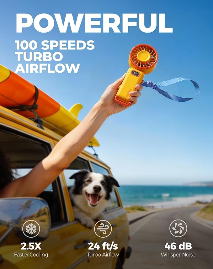 Diveblues Portable Handheld Fan, 7.4m/s High Speed Turbo Fan, 180° Foldable 4-in-1 Personal Neck Fan Integrated Carabiner Clip, 100 Speed Stepless Control, USB-C Rechargeable, 12H Battery, Fanzy D6036