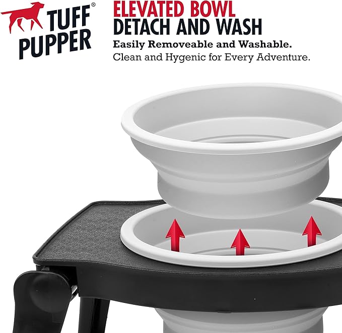 Tuff Pupper Elevated Dog Bowl - Single Raised Collapsible Travel Bowl Holds 80oz/12cups Food/Water