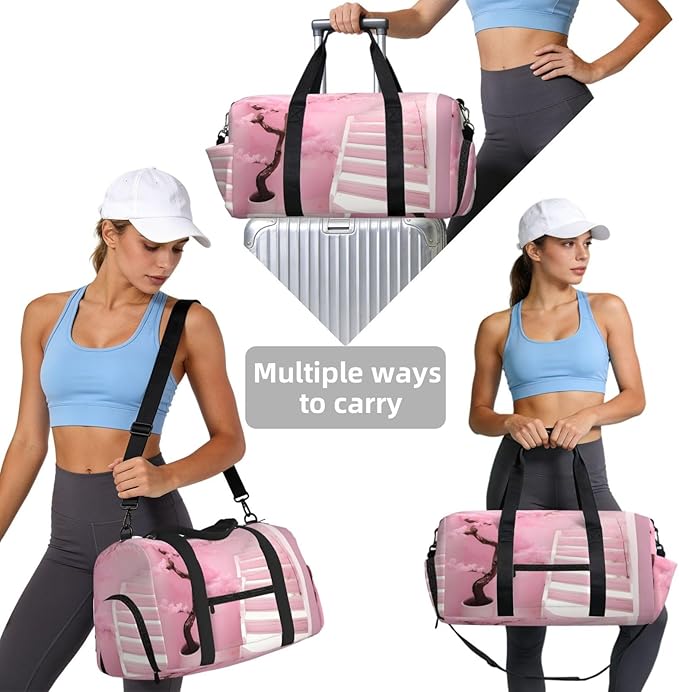 Cherry blossom white staircase Print Gym Bag with Shoe Compartment for Women Men, 17.7in Sports Duffle Weekender Tote, Overnight Travel Duffel Bag Carry On