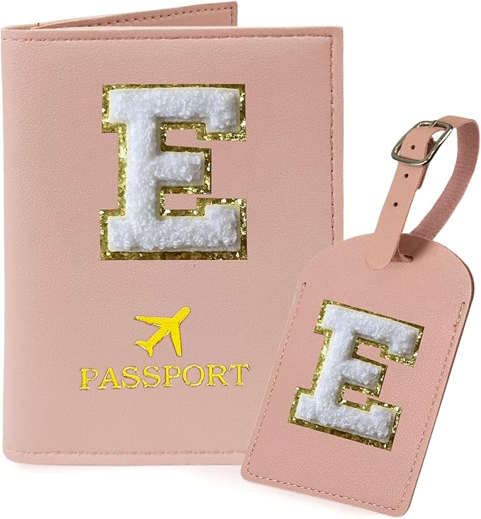 COSHAYSOO Passport Cover and Luggage Tag Set with Her Initial Chenille Letter Patch for Big Little Girls Sister Daughter, Kawaii Travel Bag Backpack Suitcase Identifier Pink E