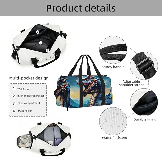 Roaring Dragon Print Gym Bag with Shoe Compartment for Women Men, 17.7in Sports Duffle Weekender Tote, Overnight Travel Duffel Bag Carry On
