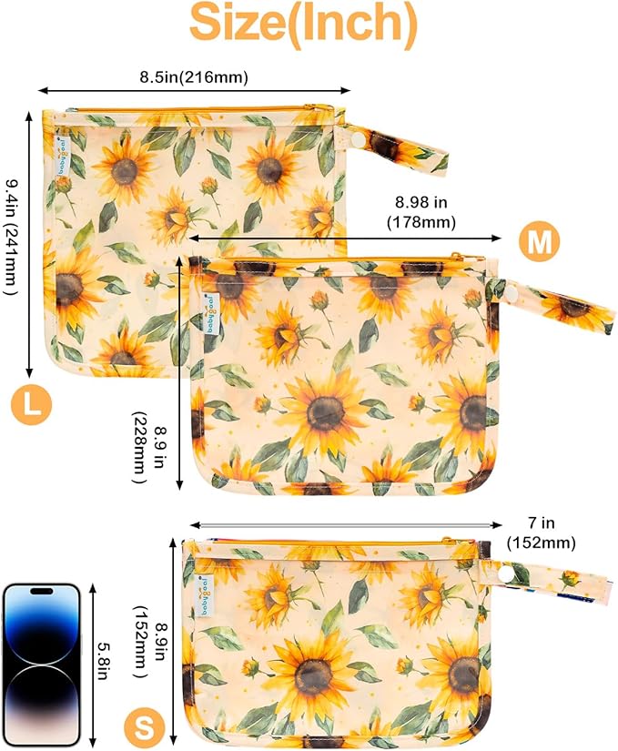 babygoal Clear Travel Organizer Bags 3 Pack, TSA Approved Mess-Proof Pouches with Snap Handle, Water-Resistant Toiletry Essentials for Baby & Mom (Sunflower)