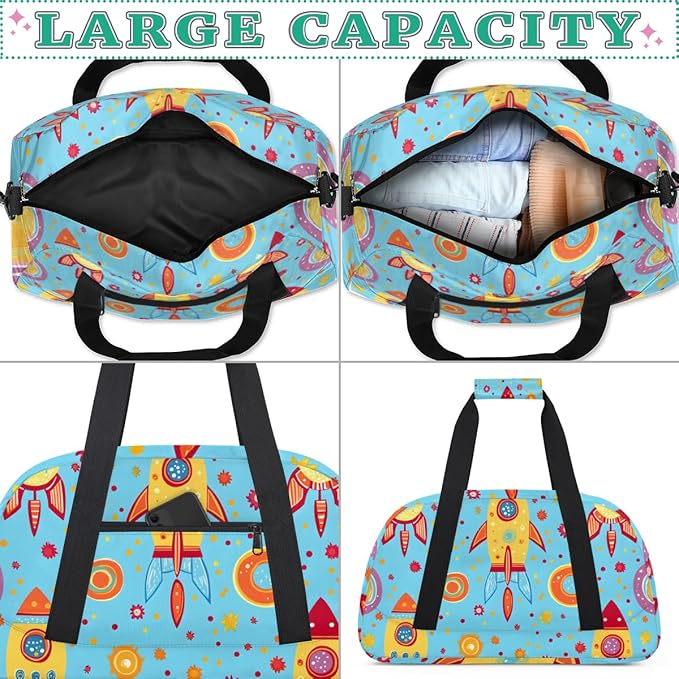 Rocket Pattern Gym Travel Duffle Bag for Women & Men with Front Zipper Pocket for Sports, Overnight, Weekender, Carry On,Workout & Dance Bag,18.9 * 8.7 * 10.6 in