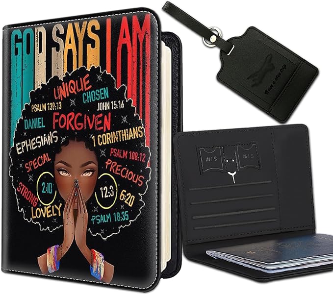 Passport Holder Women Wallet with Luggage Tag, Leather Passport Cover with RFID Blocking, Travel Accessories Multi Card Slot Passport Case for Men，God Says i am an African Girl