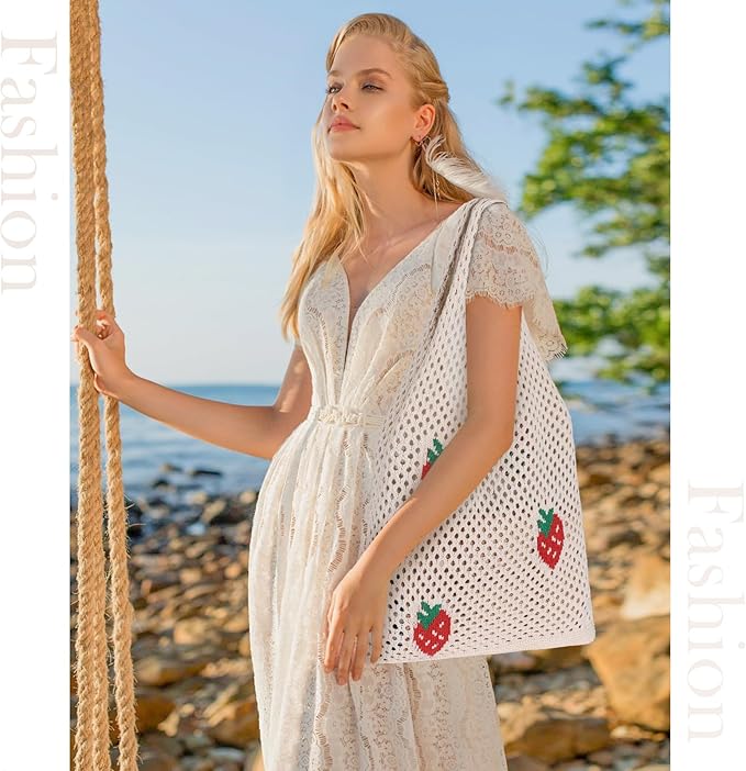 Sightor Crochet Tote Bag, Mesh Beach Bag Knit Summer Hobo Bag Vacation Boho Tote Bag for Women