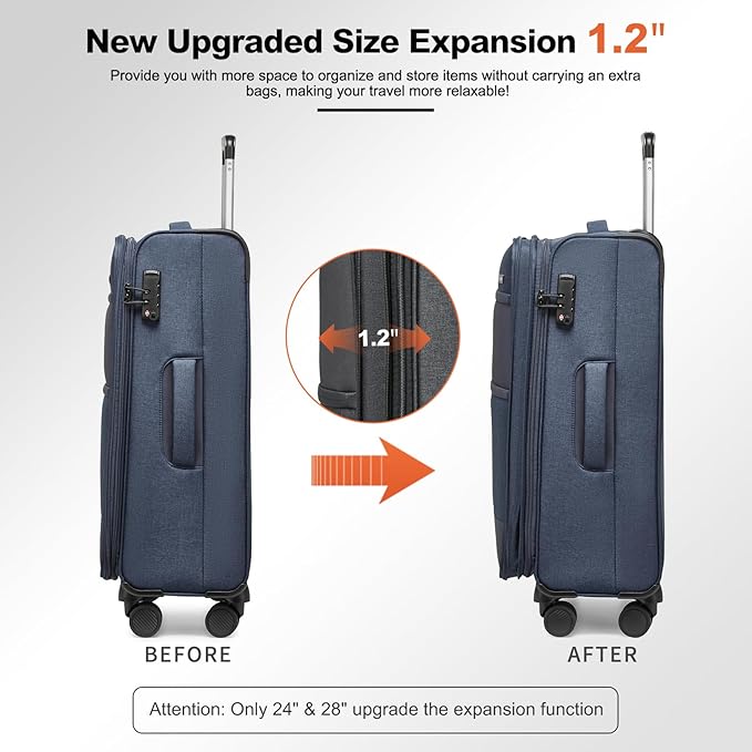 Kono 24 Inch Softside Expandable Checked Luggage with 8 Spinner Wheels TSA Lock Softshell Lightweight Business Travel Suitcase for Men and Women, Navy Blue