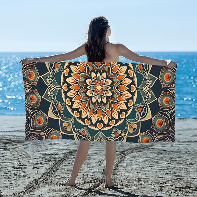 Ethnic Florals Mandala Beach Towel, Large Microfiber Quick Dry Lightweight Pool Bath Towels Sand Free Beach Blanket for Summer Cruise Yoga Camping Travel Vacation Essentials 31 x 61 in