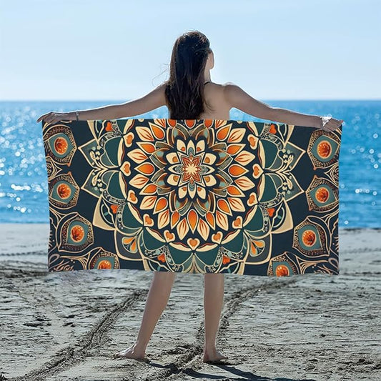 Ethnic Florals Mandala Beach Towel, Large Microfiber Quick Dry Lightweight Pool Bath Towels Sand Free Beach Blanket for Summer Cruise Yoga Camping Travel Vacation Essentials 31 x 61 in
