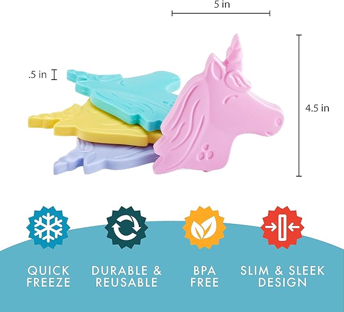 Cool Coolers by Fit & Fresh Kids Lunch Box Ice Packs, Slim Shaped Freezer Pack for Lunch Bags and Coolers 4 Pack Unicorn Multicolor Unicorn