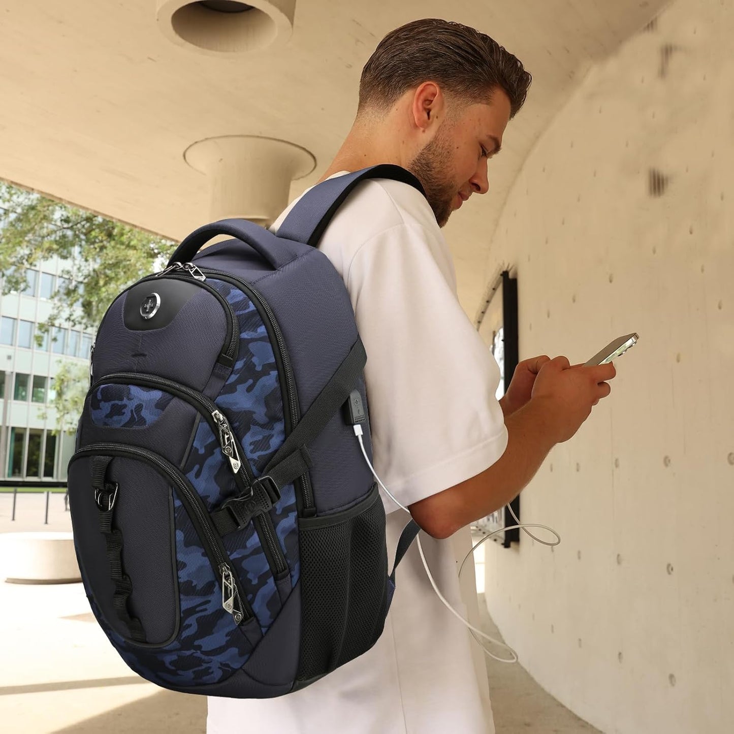 Swissdigital Design Laptop Backpack with USB Charging Port, TSA Travel Backpack Fits 15.6 inches Computer, 31L College School Backpack for Men, Blue Camo | SD803