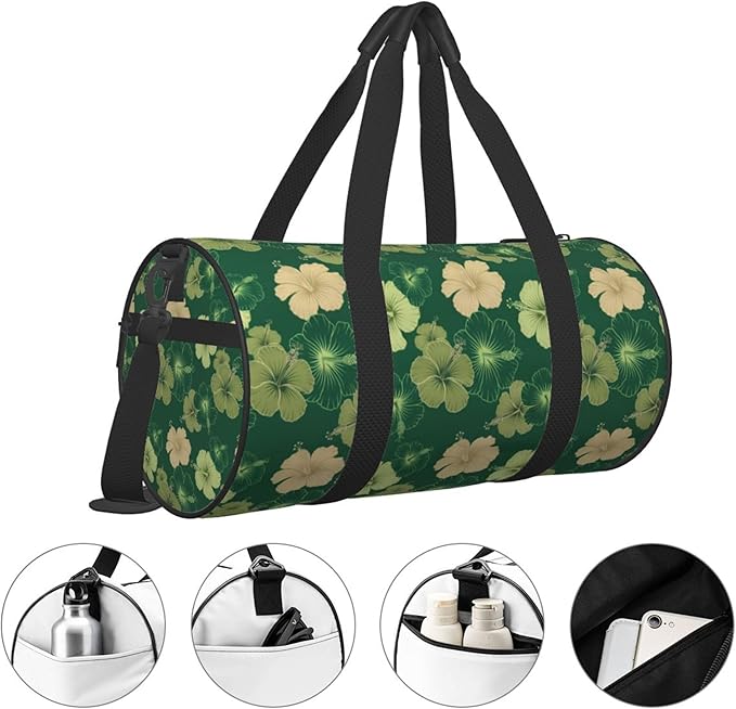 Round Duffel Sports Bag Hawaiian Floral Olive Green Camo, Lightweight with Inner Pocket Gym Bag for Men Women Duffle Bag for Travel Sports