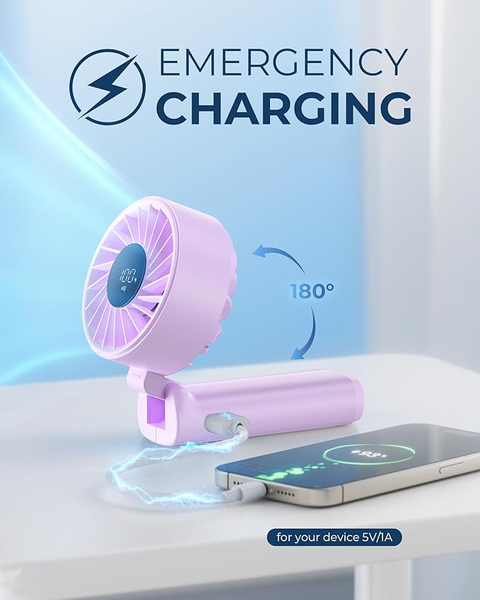 Portable Fan, 4000mAh USB Rechargeable, 180° Foldable Mini Desk Fan, 6 Wind Speed, LCD Digital Display, Lanyard as Neck Fan, Ultra Quiet, Pocket Size for Indoor Outdoor