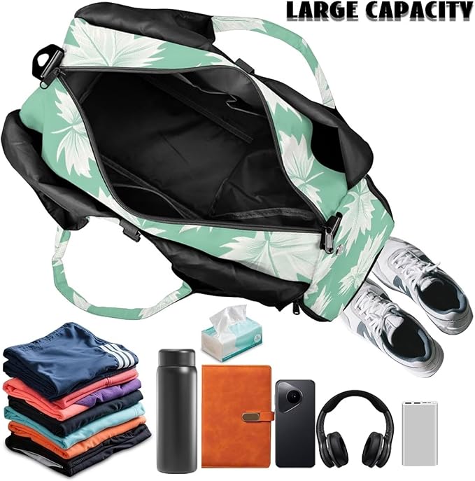 Maple Leaf Travel Duffel Bags for Women with Yoga Mat Strap, Lightweight Green Gym Bag with Shoe Compartment Wet Pocket Fitness Stylish Sport Tote Bag