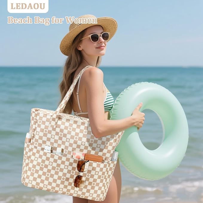 LEDAOU Beach Bag Waterproof Sandproof Women Beach Tote Pool Bag with Zipper for Swim Gym Grocery Travel with Wet Pocket | Sandproof, with Zipper, for Gym, Grocery, Travel, with Wet Pocket
