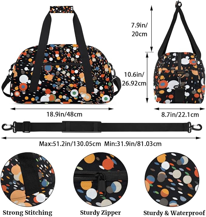 Color Polka Dots Gym Travel Duffle Bag for Women & Men with Front Zipper Pocket for Sports, Overnight, Weekender, Carry On,Workout & Dance Bag,Classic Polka Dots,18.9 * 8.7 * 10.6 in