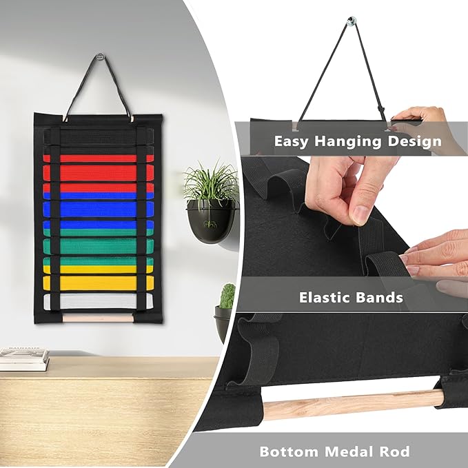 Karate Belt Display Rack, Taekwondo Belt Display Holder with Bamboo Medal Rack, Jiu Jitsu Belt Hanging Holder, Felt Martial Arts Belts Organizer for Taekwondo, Karate, BJJ Learners