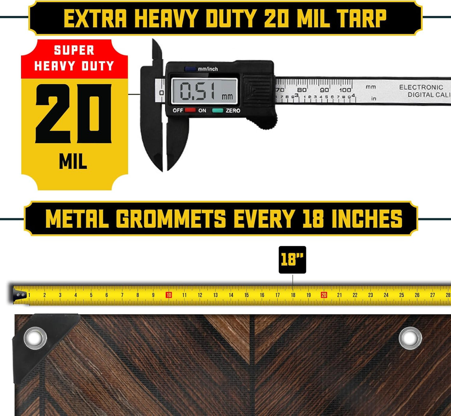 Core Tarps Extreme Heavy Duty 20 Mil Tarp Cover, Waterproof, UV Resistant, Rip and Tear Proof, Poly Tarpaulin with Reinforced Edges for Roof, Camping, Patio, Pool, Boat (Brown Wood/Black 16′ X 20′)