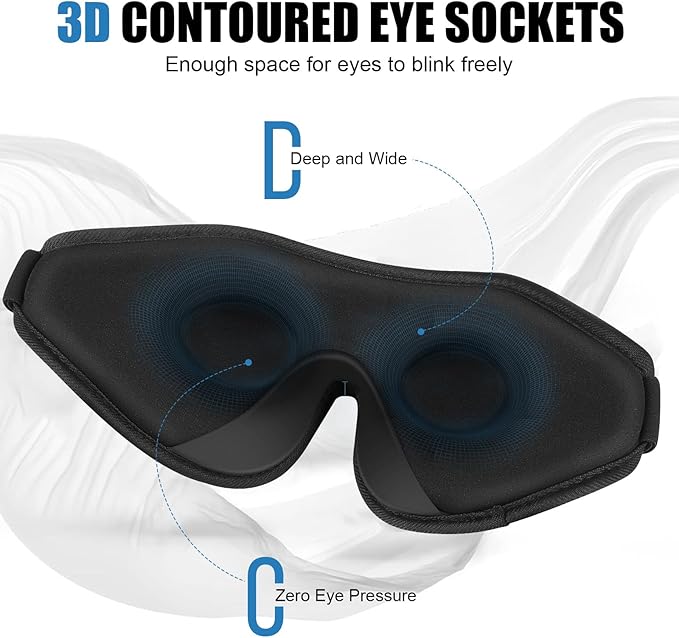 Sleep Eye Mask for Men Women,Zero Pressure 3D Blackout Eye Mask for Sleeping,Eye Covers with Adjustable Strap,Soft Breathable Travel Sleep Mask for Airplane,Includes Ear Plugs(Black)