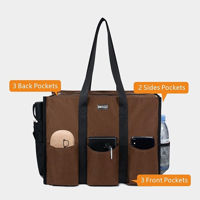 TOPDesign Utility Water Resistant Tote Bag with 13 Pockets, Top Zipper Closure & Thick Bottom Support, for Working Women