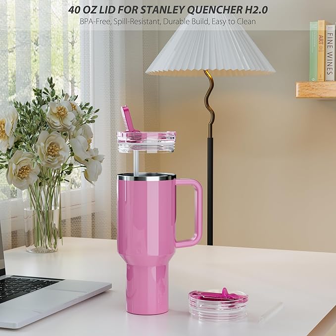 2 Pack Flip Straw Lid for Stanley 40 oz Quencher H2.0 & ProTour, Flip Straw Tumbler Lid for Stanley Cup, Leakproof, No Spill & Easy to Use Reusable Tumbler Cover (Passion Pink)