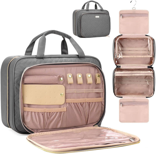 Toiletry Bag for Women with Jewelry Organizer Compartment, Jewelry Boxes for Gifts, Travel Makeup Cosmetic Bag with Hanging Hook for Full-sized Toiletries, Shampoo - Grey, Gifts for Women