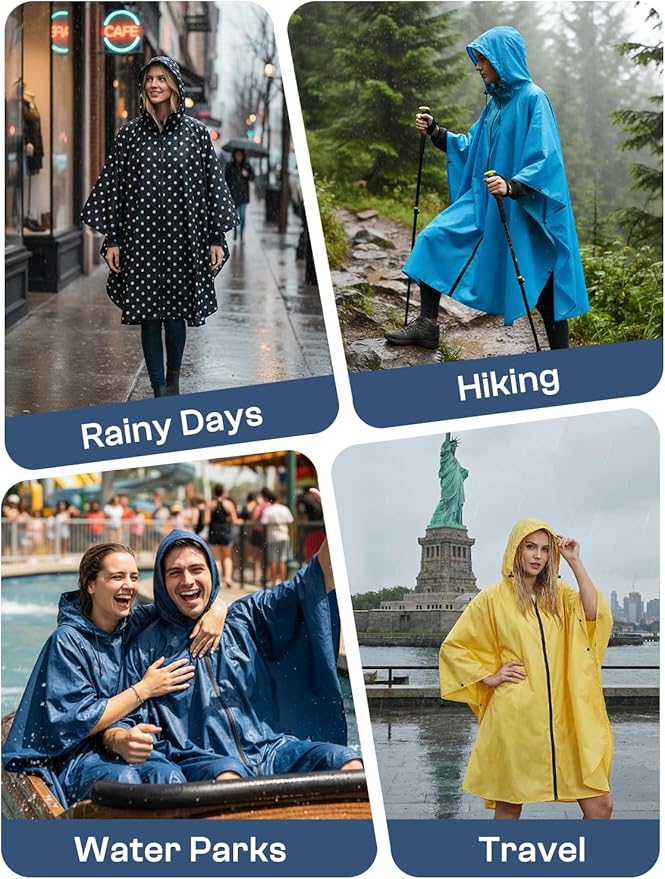 SaphiRose Lightweight Waterproof Rain Poncho for Adults with Hood Portable Rainwear for Outdoor