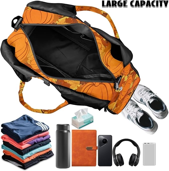 Happy Fall Pumpkins Travel Duffel Bag for Women Gym Tote Bag Luggage Carry On Weekender Bags with Shoe Compartment for Hospital Yoga Sports Workout Thanksgiving Themed Gifts