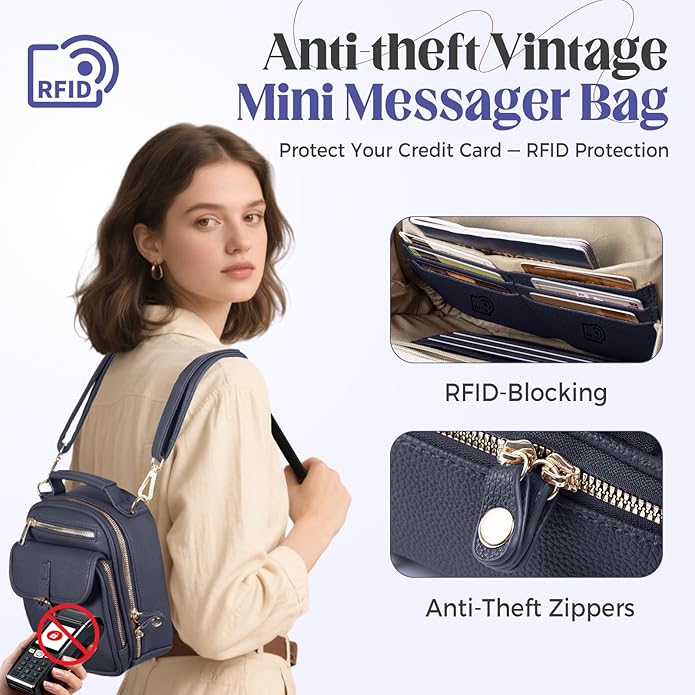 Vegan Leather Crossbody Bag for Women with 2 Straps, Small Messenger Bag with Anti Theft Zipper Pocket Vintage Shoulder Bag