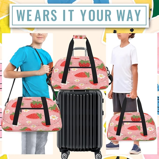 Duffle Bag for Women Men, Pink Strawberry Flower Print Gym Bag for Travel Sports, Lightweight Waterproof Weekender Overnight Bags with Adjustable Strap