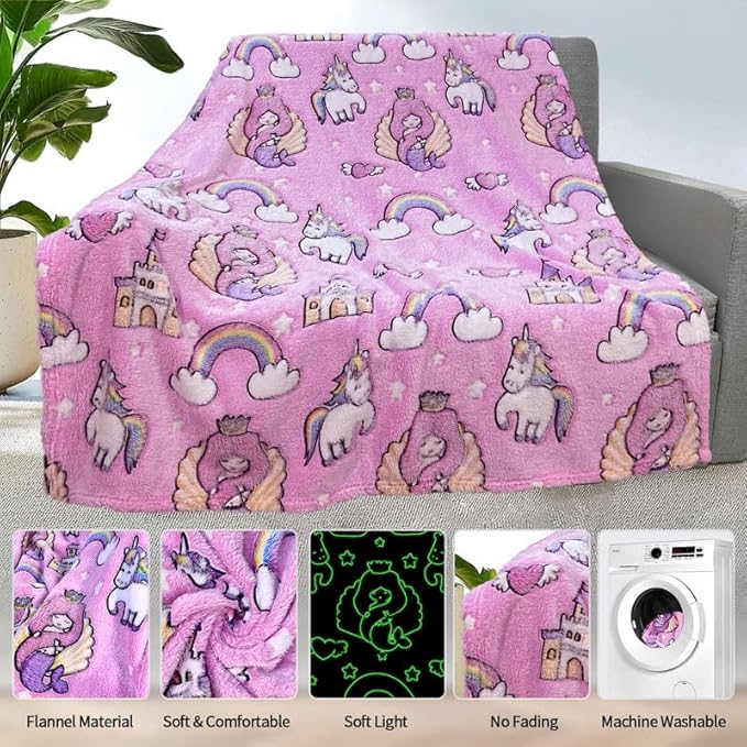 Mermaid Blanket for Girls 4-6, Mermaid Gifts, Kids Blanket, 40"x 50", Pink, Glow in the Dark