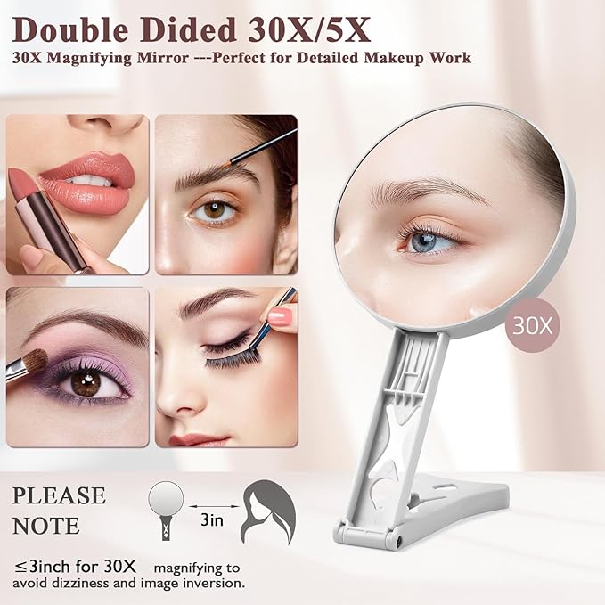Magnifying Mirror 30X/5X Double Sided Hand Mirror,Precision Makeup at 30X Magnification & Overall View at 5X，Travel Handheld Magnified Makeup Mirror with Handle & Table Stand, Vanity Cosmetic Mirror