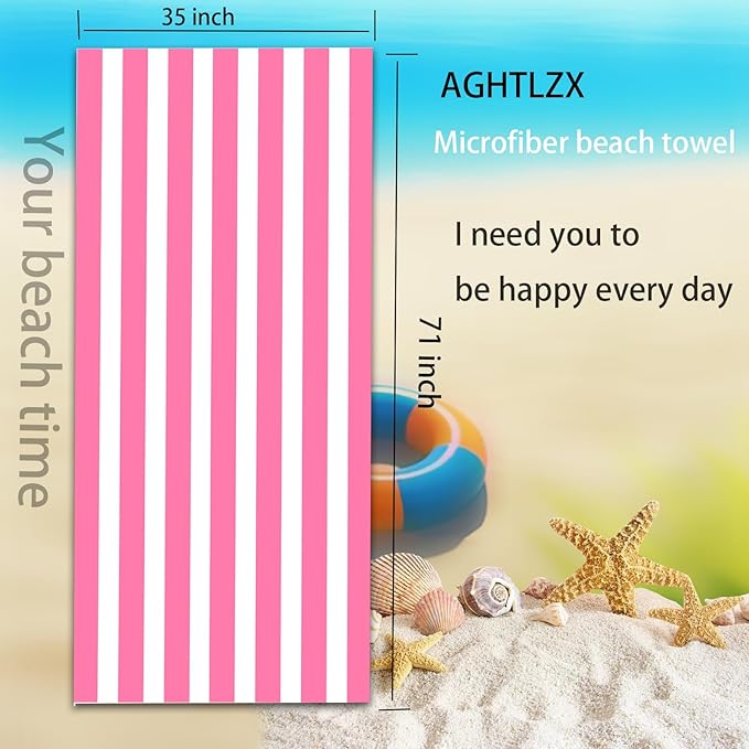 Microfiber Beach Towel Quick Dry Travel Beach Towel 35 x 71 inch Thin Sand Free Beach Towel Oversized Personalized Beach Towels Extra Large Compact Sandproof Pink Striped Beach Towels Clearance