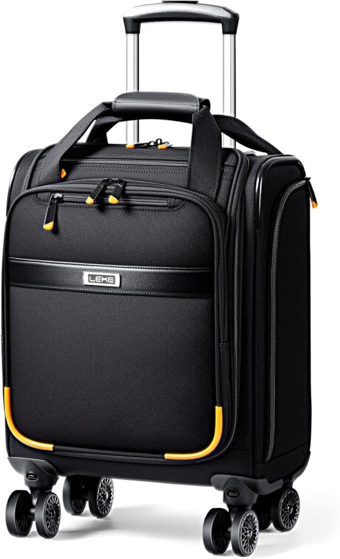 Underseat Carry On Luggage with Wheels, 16 Inch Softside Suitcase with Detachable Wheels, Lightweight Overnight Bag Travel Luggage with Spinner Wheels for Women Men, Black