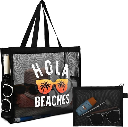 30L Large Beach Bag with Pouch Foldable Sandproof Lightweight Mesh Tote Bag with Two Pockets for Swimming Travel