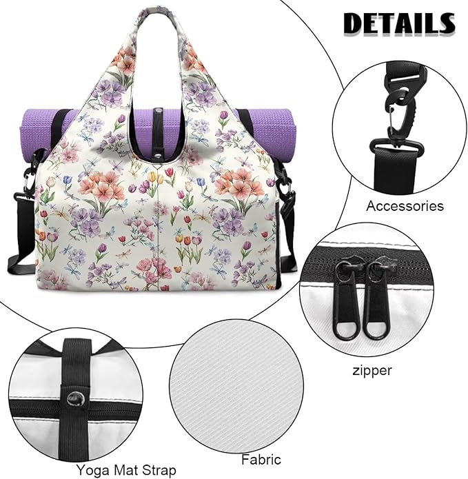 Tulip Floral Print Gym Bag for Women Duffle Bag with Shoe Compartment and Yoga Mat Holder Carry On Tote Bags for Sports Travel Hospital Fitness Swim Elegant Tote Bags with Zipper