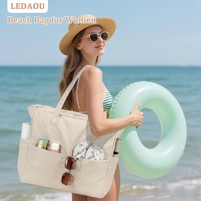 LEDAOU Beach Bag Waterproof Sandproof Women Beach Tote Pool Bag with Zipper for Swim Gym Grocery Travel with Wet Pocket | Sandproof, with Zipper, for Gym, Grocery, Travel, with Wet Pocket