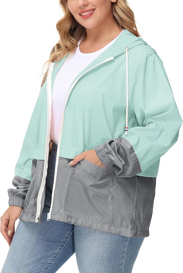 Avoogue Plus Size Raincoat Women Waterproof Rain Jacket Packable Outdoor Hooded Windbreaker