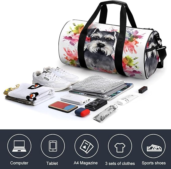 Sports Gym Bag for Women Men Travel Duffel Bag Tote Weekender Bag Schnauzer Carry on Overnight Bag for Travel Swimming Fitness Workout Sports Duffle Bag