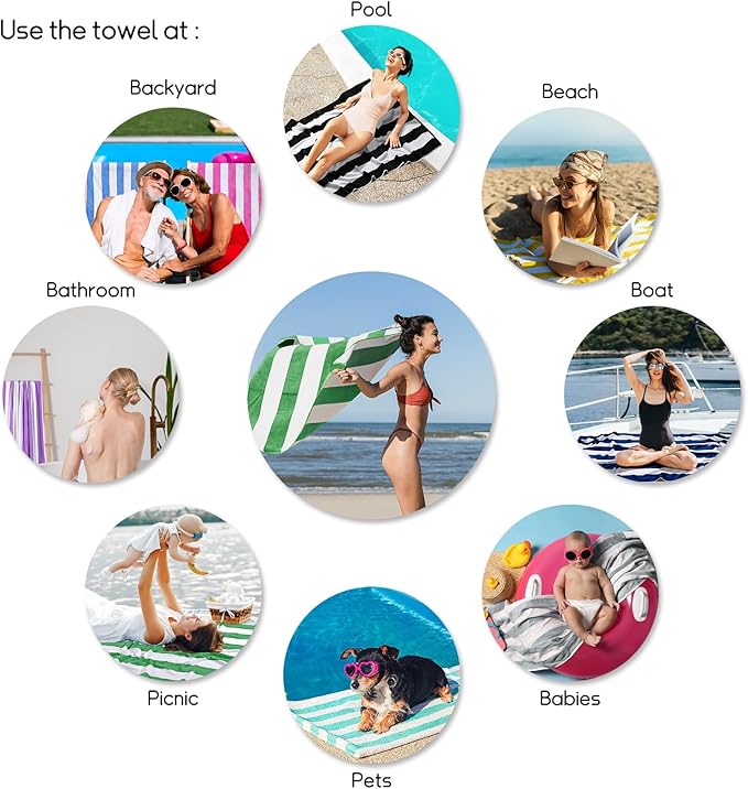 cabanana Large Oversized Beach Towel - 35 x 70 Inch Cotton Pool Towel, Green Striped Soft Cabana Swim Towel