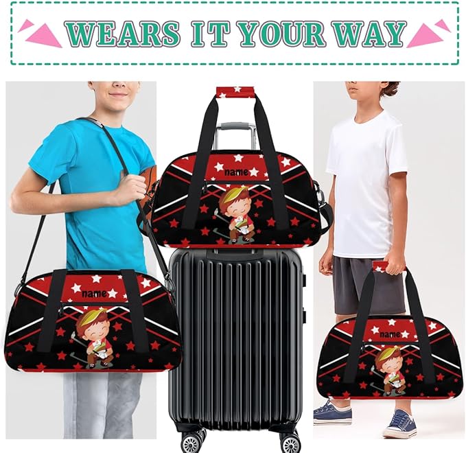 Custom Name Red Black Golf Boy Gym Travel Duffle Bag with Front Zipper Pocket Personalizedfor Sports Bag for Overnight, Weekender, Carry On,Workout & Dance, 18.9 * 8.7 * 10.6 in