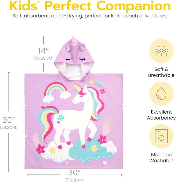 Joiedomi Kids Beach Towels with Hood for Girls Purple Unicorn Hooded Toddler Bath Towel Quick Dry Soft Microfiber 30"x30"