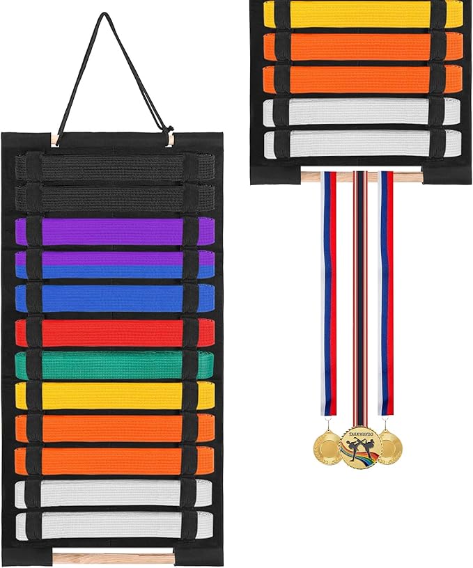 Karate Belt Display Rack, Taekwondo Belt Display Holder with Bamboo Medal Rack, Jiu Jitsu Belt Hanging Holder, Felt Martial Arts Belts Organizer for Taekwondo, Karate, BJJ Learners
