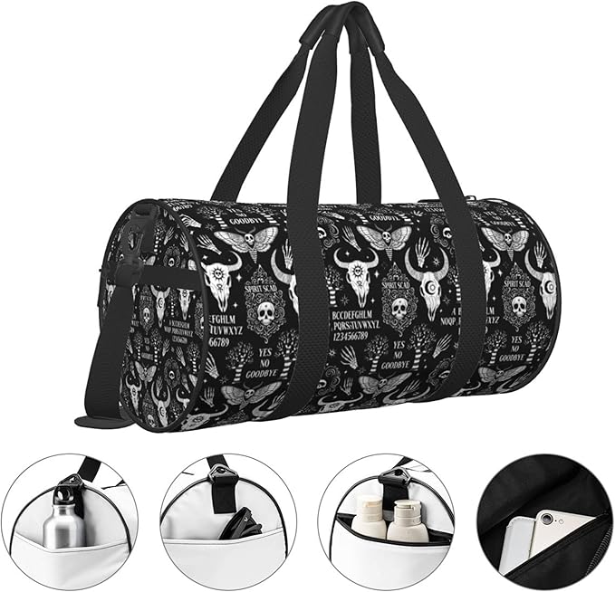 Gym Bag Round Duffle Bag Cat Skull Head Witch Board Black Gothic, Lightweight Carry on Duffel for Men Women Workout Fitness Travel Sports