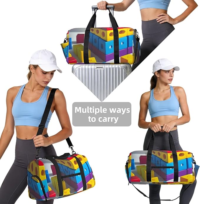 Colorful Building Blocks Print Gym Bag with Shoe Compartment for Women Men, 17.7in Sports Duffle Weekender Tote, Overnight Travel Duffel Bag Carry On