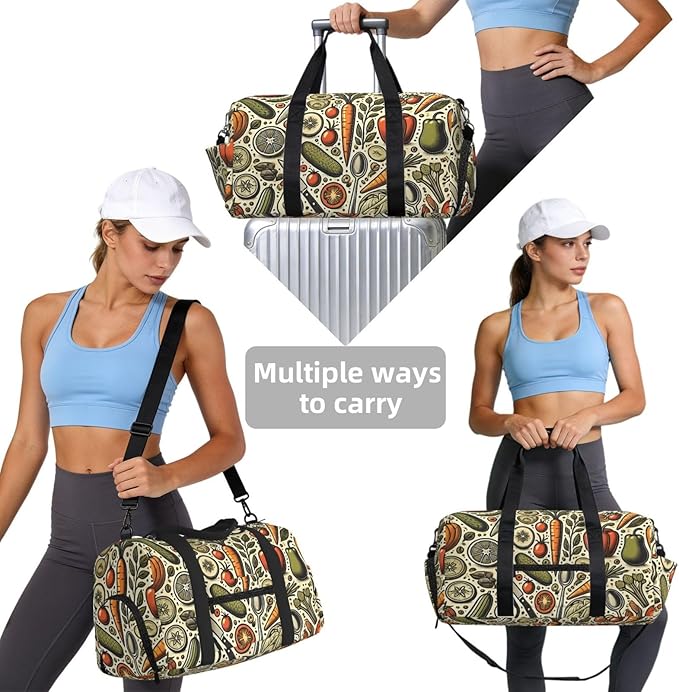 Fresh Vegetables Print Gym Bag with Shoe Compartment for Women Men, 17.7in Sports Duffle Weekender Tote, Overnight Travel Duffel Bag Carry On