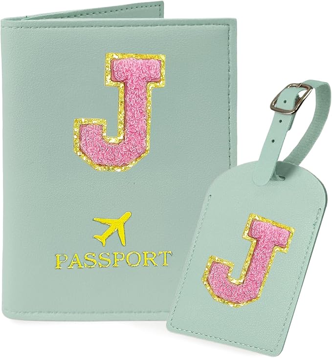 COSHAYSOO Initial Passport Cover Luggage Tag Set Letter Passport Holder Airplane Cruise Travel Essentials Vacation Traveling Accessories Personalized Gifts for Women Teen College Girls Teal J