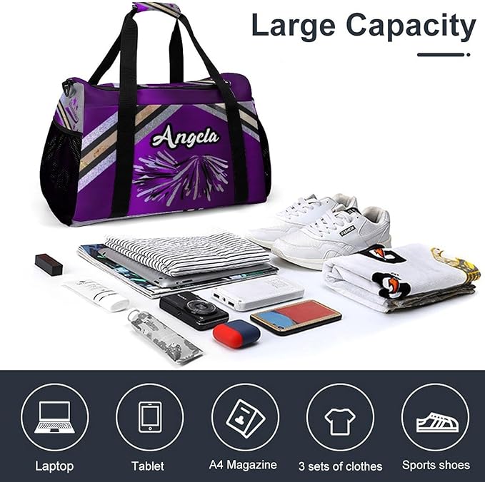 Personalized Name Travel Bag Sports Player Duffel Bags Purple Cheerleader Silver Glitter Print Perform Training Bag for Men Women Adjustable Shoulder Strap