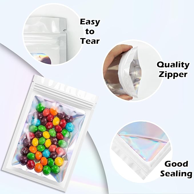 300 Pcs Holographic Mylar Bags, 3 Sizes, Smell Proof, Airtight, Reusable, Layered Construction, Zipper Closure, White